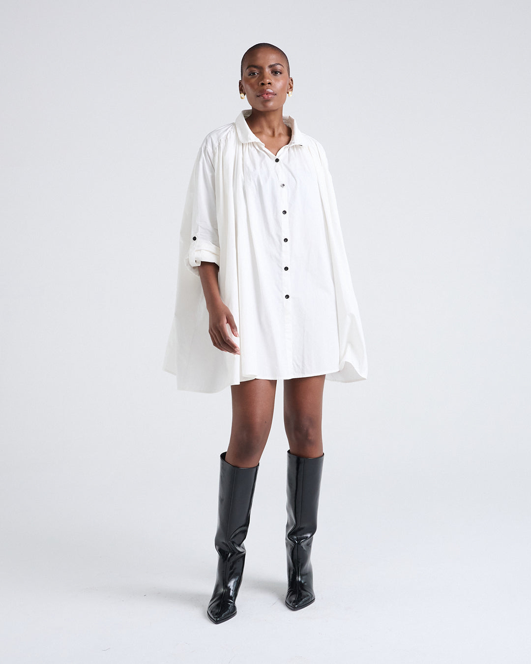 Two Way Sleeves Loose Fit Cotton Long Sleeves Dress in White