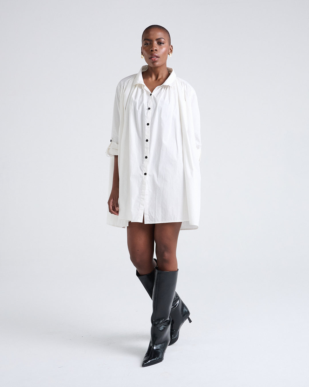 Two Way Sleeves Loose Fit Cotton Long Sleeves Dress in White