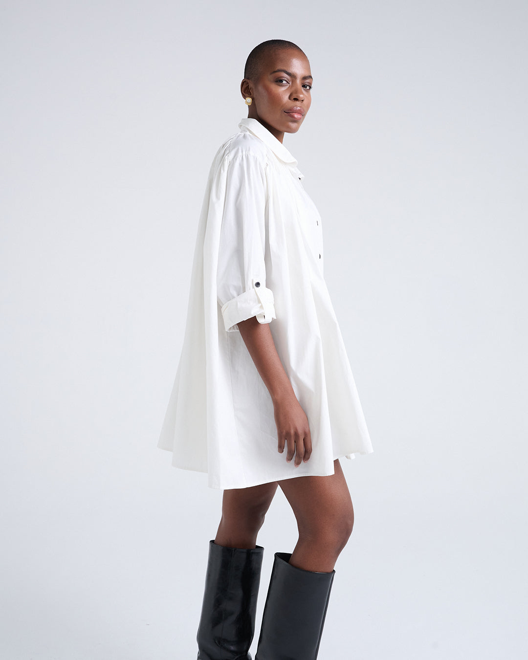 Two Way Sleeves Loose Fit Cotton Long Sleeves Dress in White