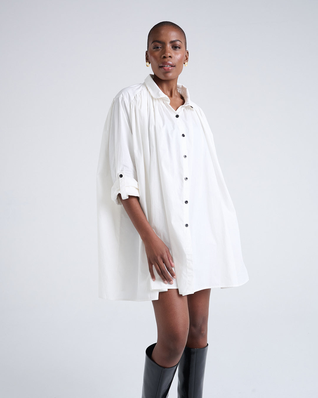 Two Way Sleeves Loose Fit Cotton Long Sleeves Dress in White