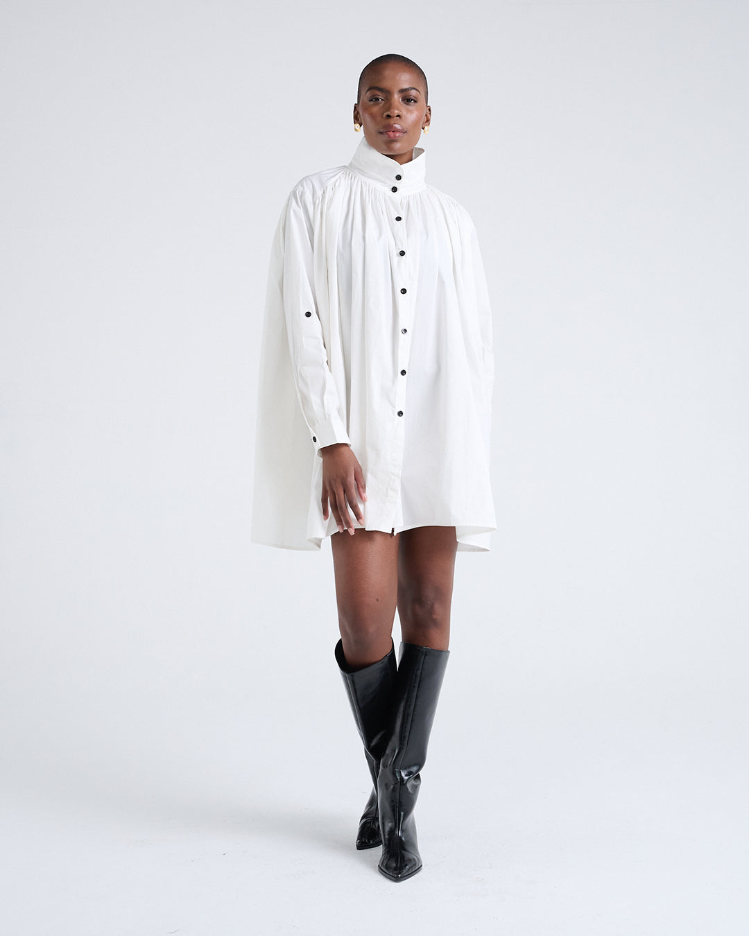 Two Way Sleeves Loose Fit Cotton Long Sleeves Dress in White
