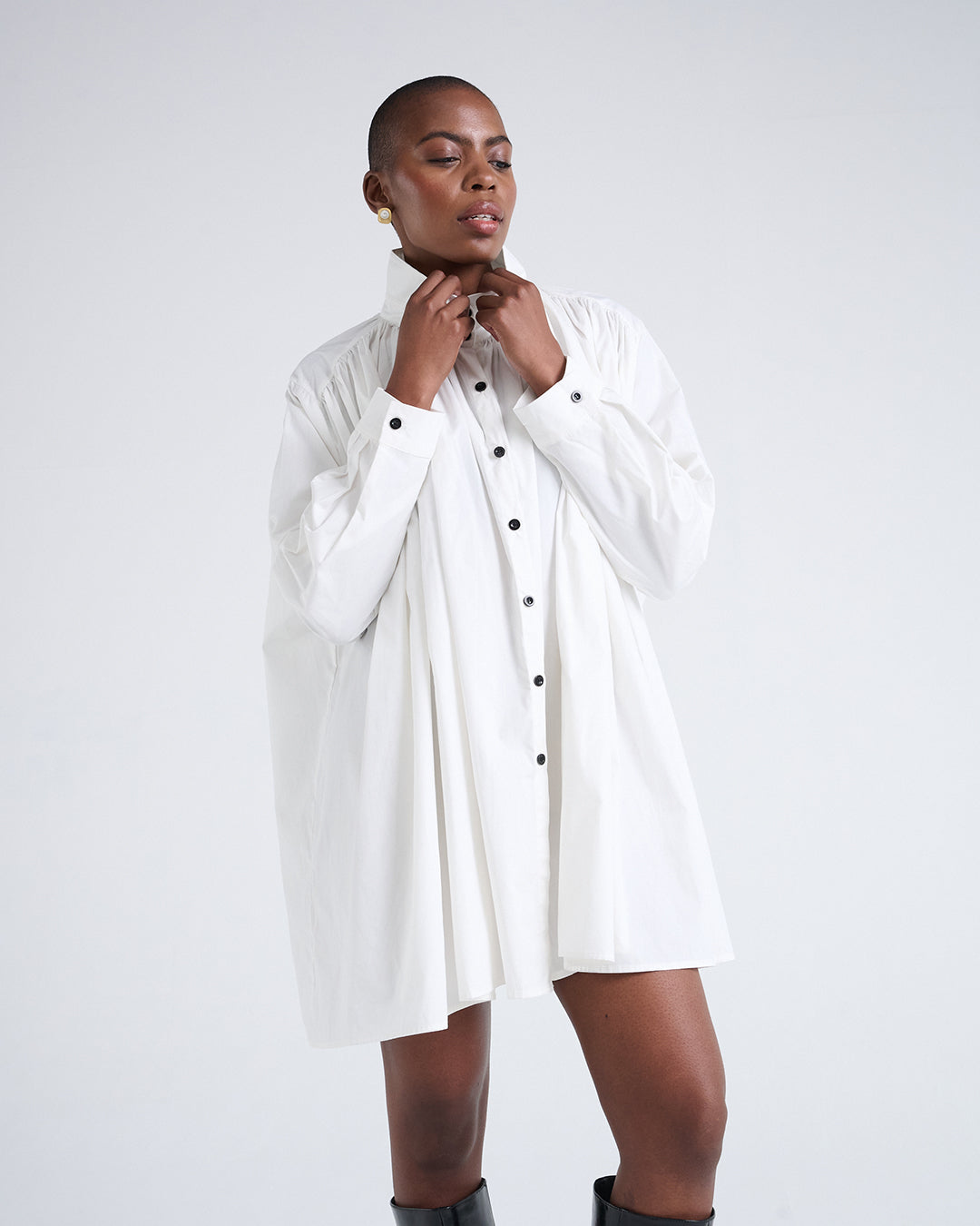 Two Way Sleeves Loose Fit Cotton Long Sleeves Dress in White