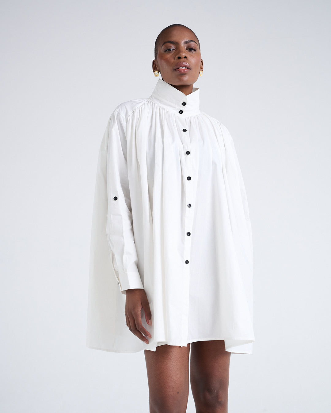 Two Way Sleeves Loose Fit Cotton Long Sleeves Dress in White
