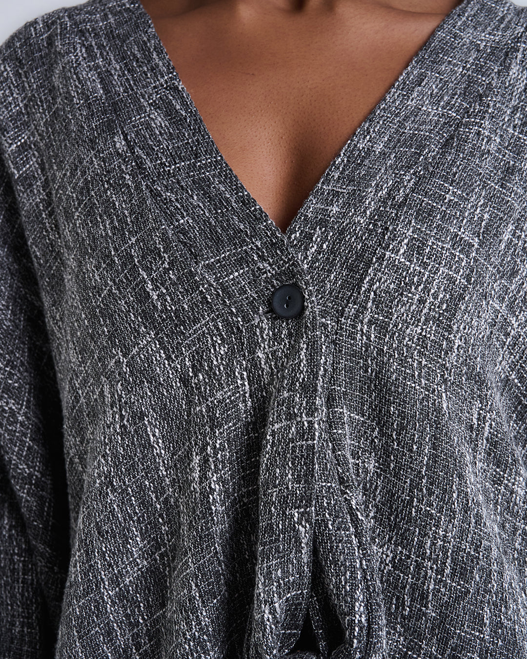 Designer Textured Linen-Blend Oversized Jacket – Batwing 5/4 Sleeves