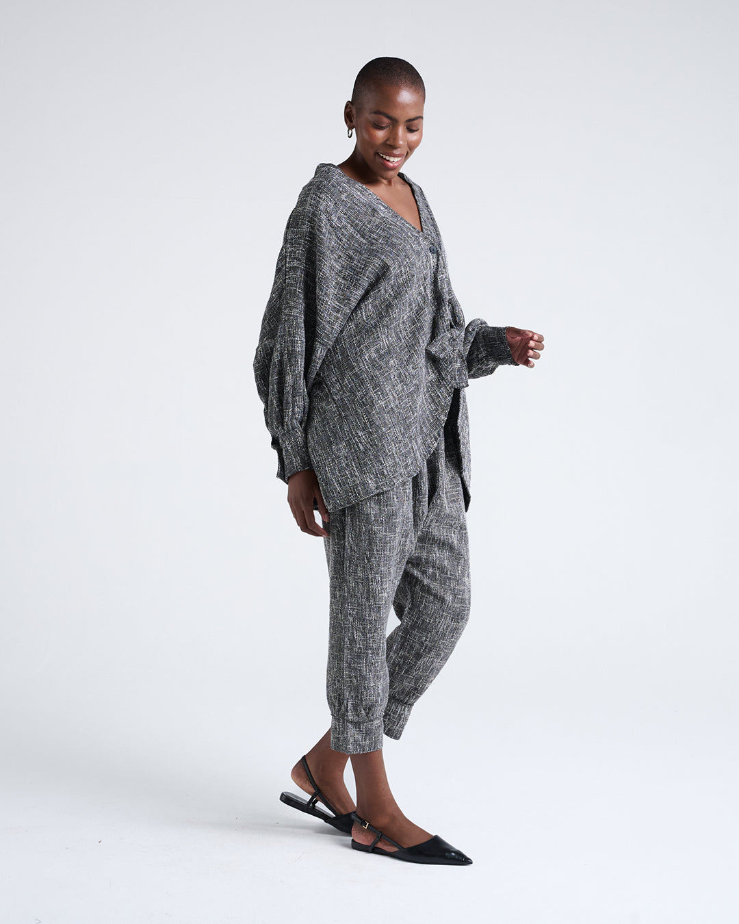 Designer Textured Linen-Blend Oversized Jacket – Batwing 5/4 Sleeves