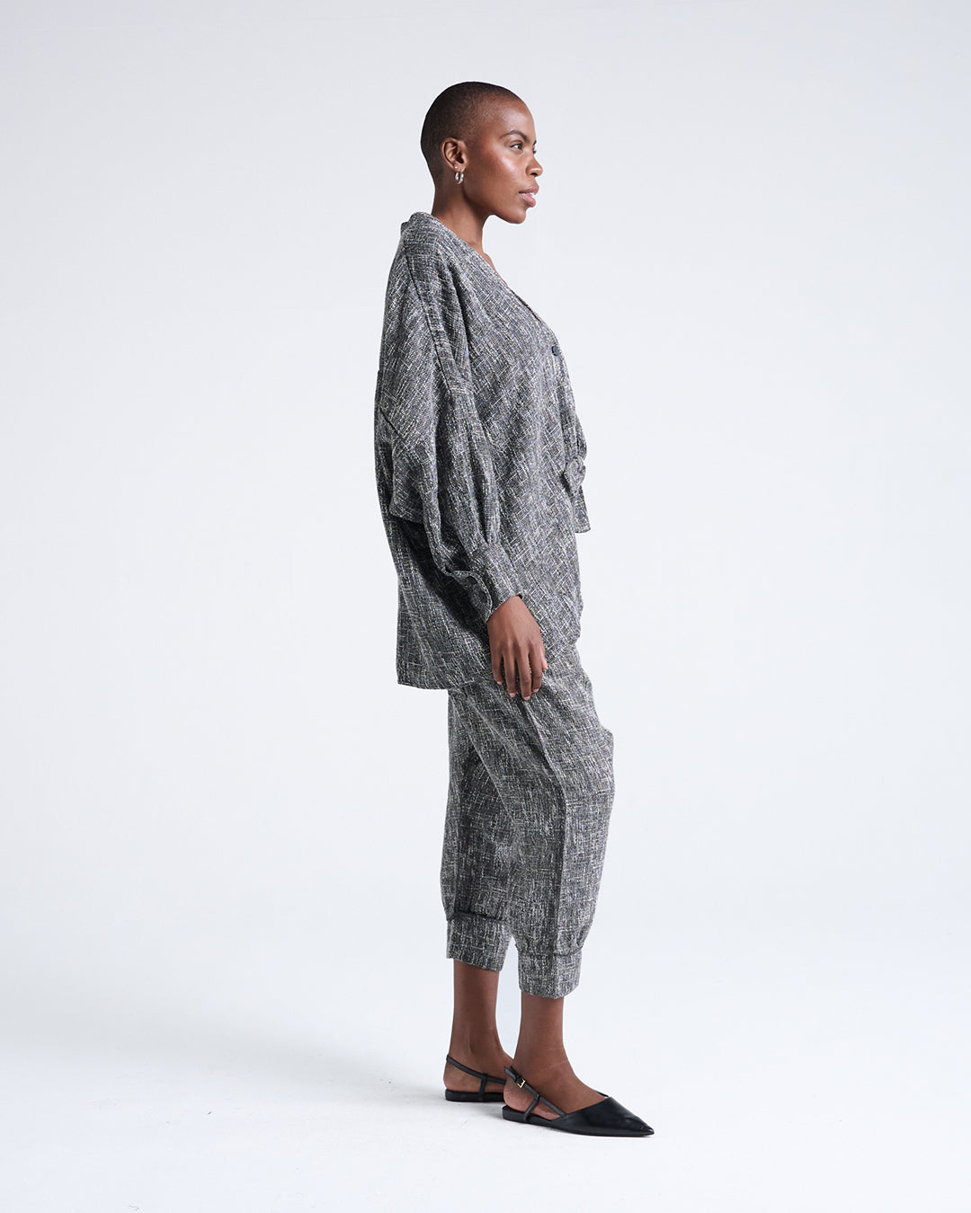 Designer Textured Linen-Blend Oversized Jacket – Batwing 5/4 Sleeves