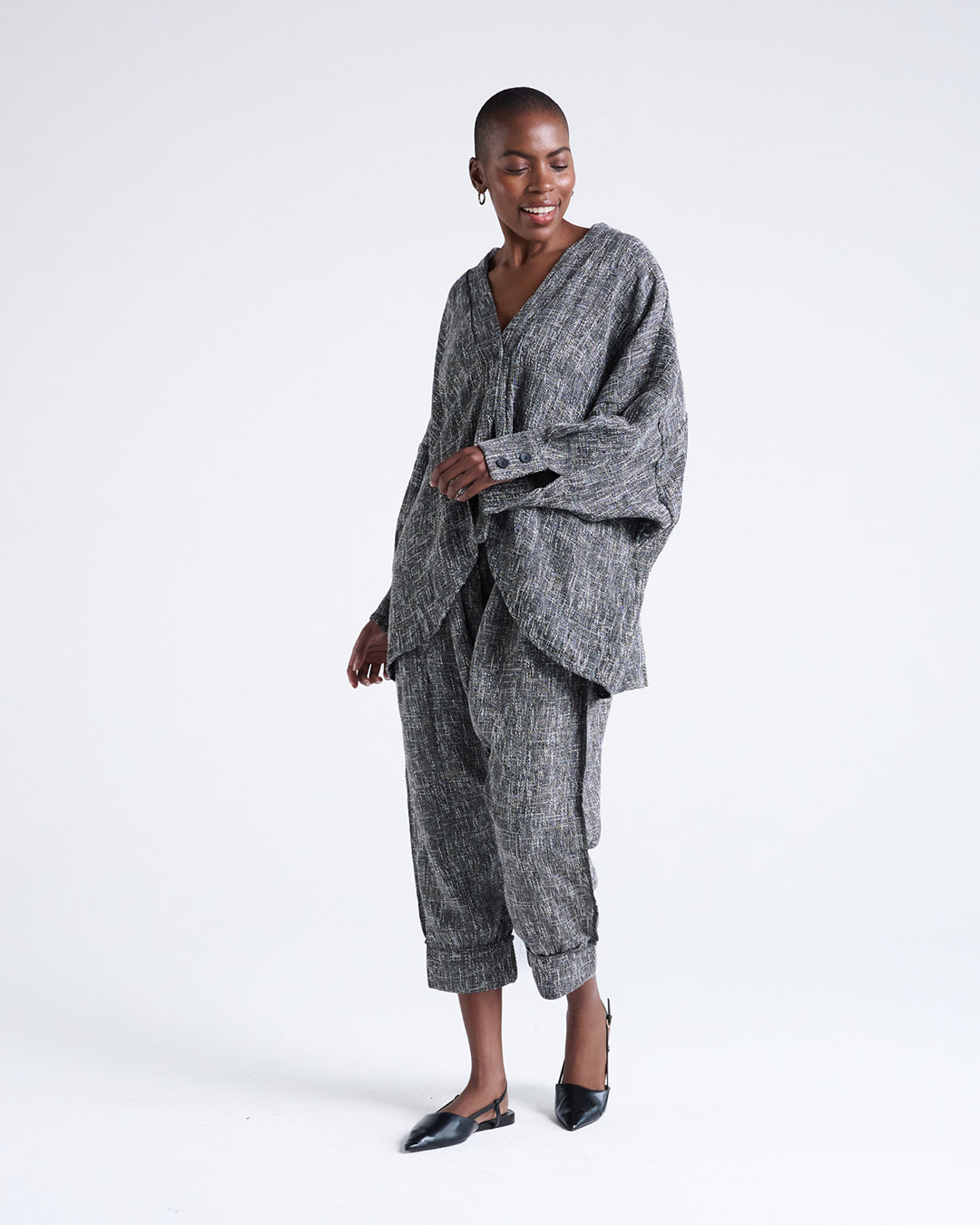 Designer Textured Linen-Blend Oversized Jacket – Batwing 5/4 Sleeves