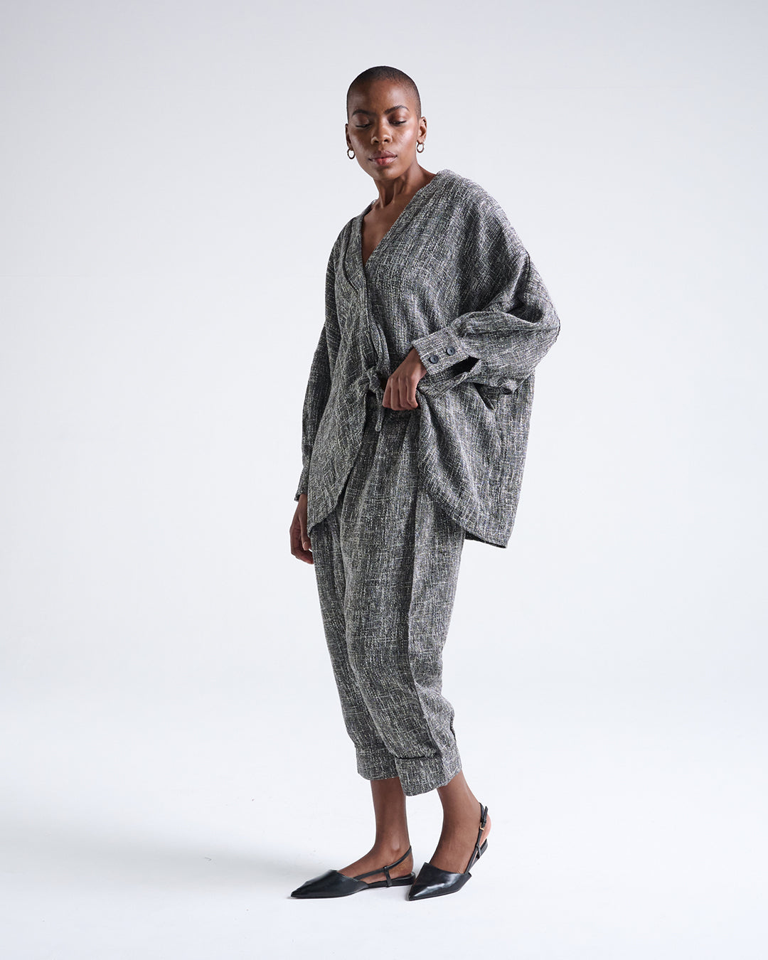 Designer Textured Linen-Blend Oversized Jacket – Batwing 5/4 Sleeves