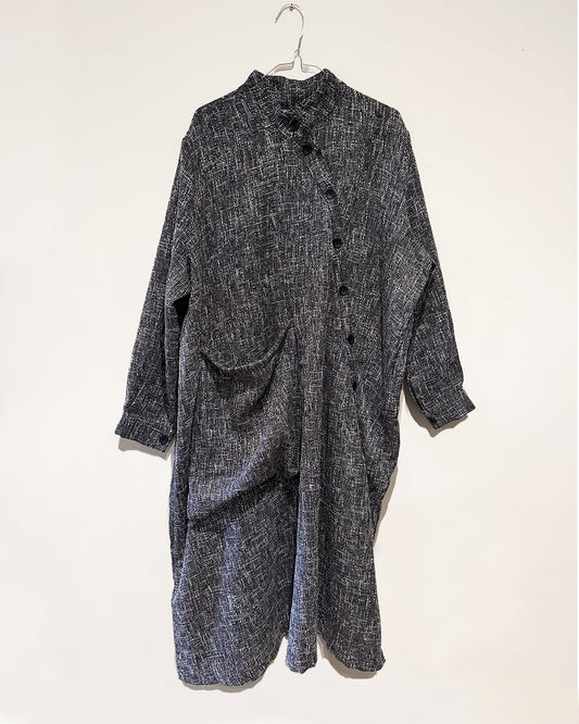 Long-Sleeve Linen-Blend Dress with Asymmetric Cut and Oversized Pocket