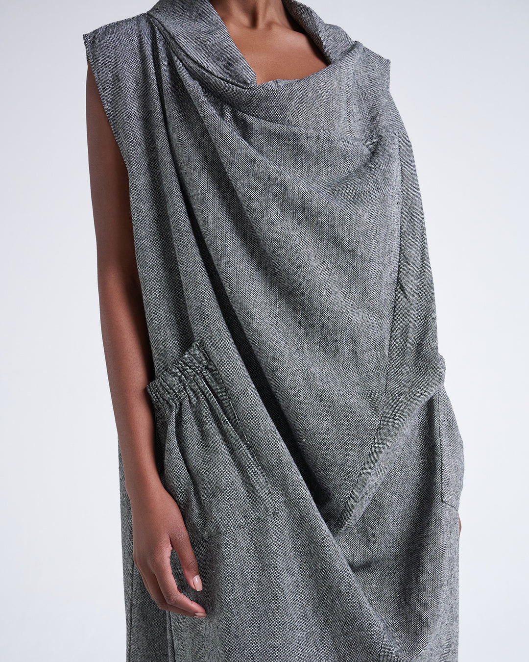 Asymmetric Neckline Linen-Blend Dress with Oversized Patch Pocket