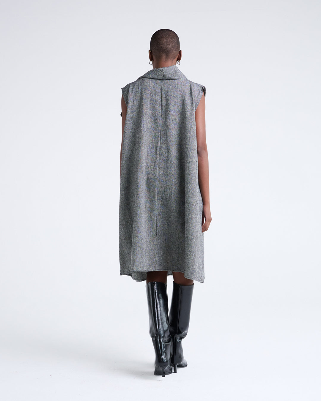 Asymmetric Neckline Linen-Blend Dress with Oversized Patch Pocket
