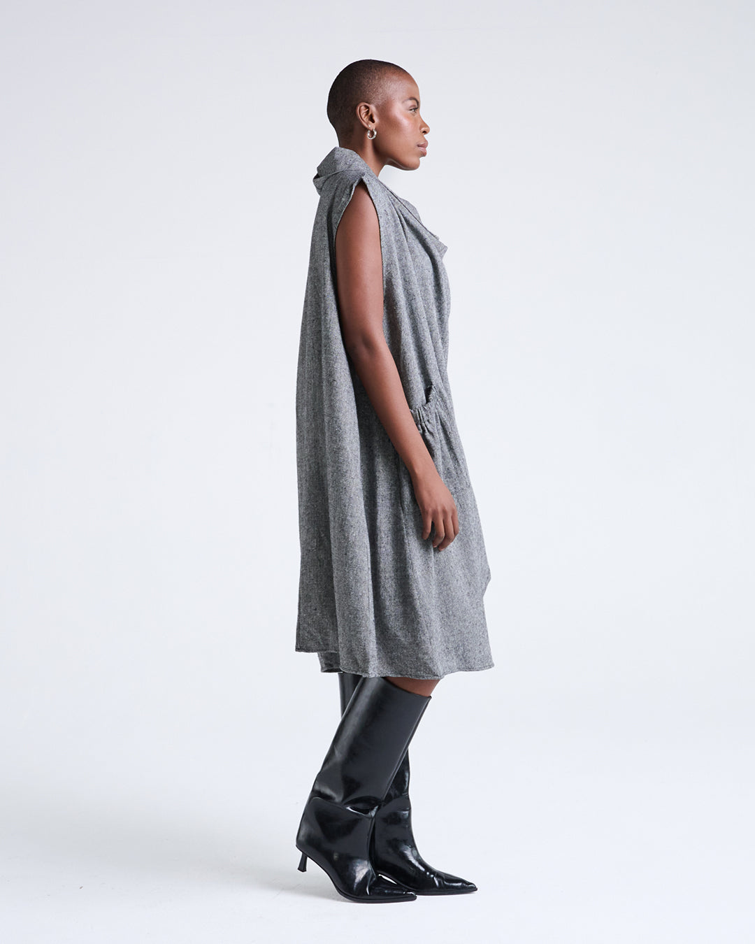 Asymmetric Neckline Linen-Blend Dress with Oversized Patch Pocket