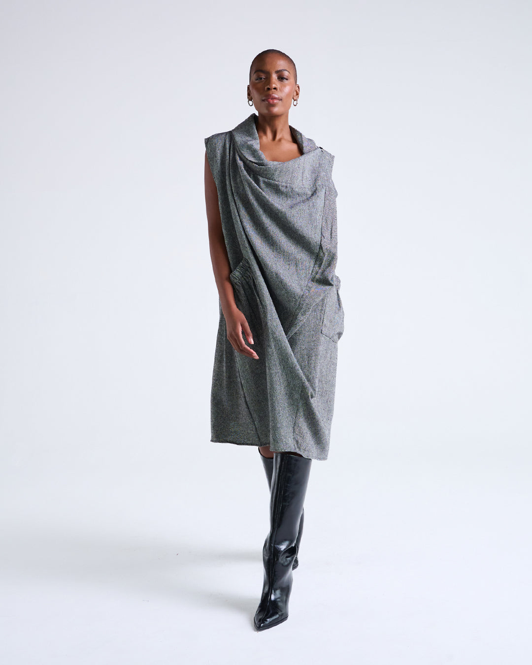 Asymmetric Neckline Linen-Blend Dress with Oversized Patch Pocket