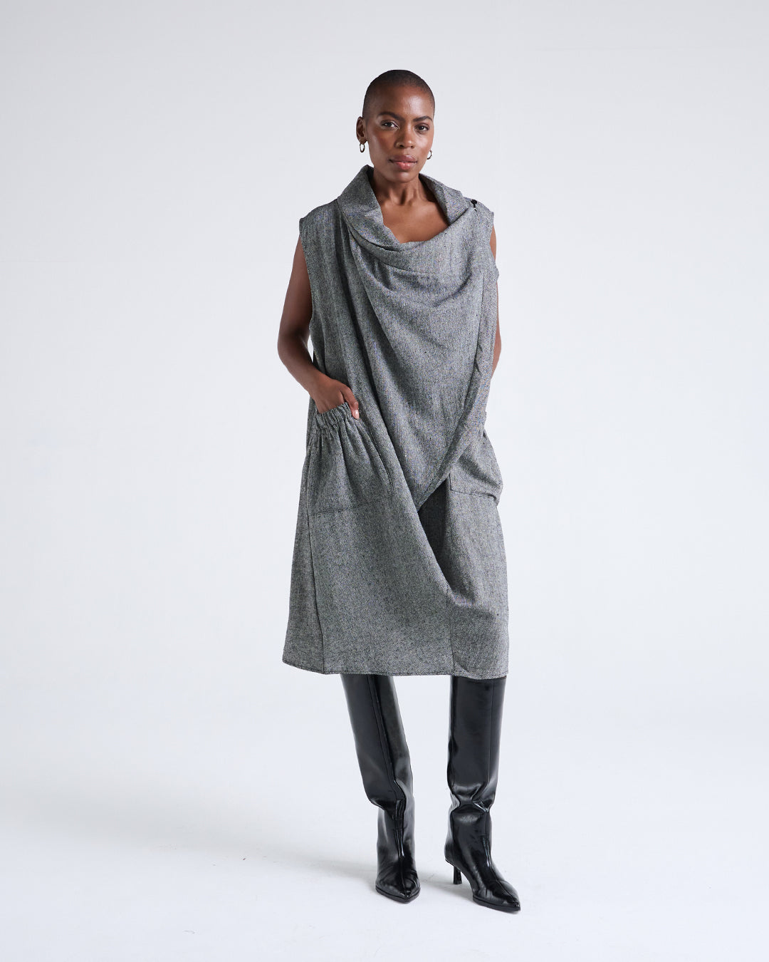 Asymmetric Neckline Linen-Blend Dress with Oversized Patch Pocket