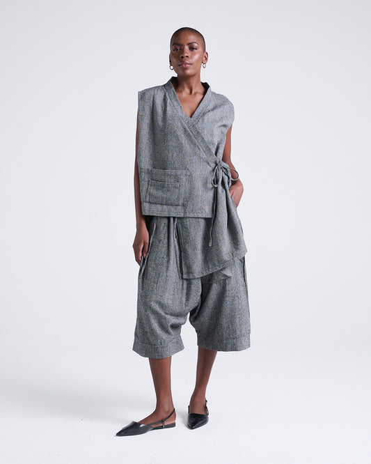 A touch of zen-Designer Asymmetric Vest in a Textured Cotton-Linen Blend