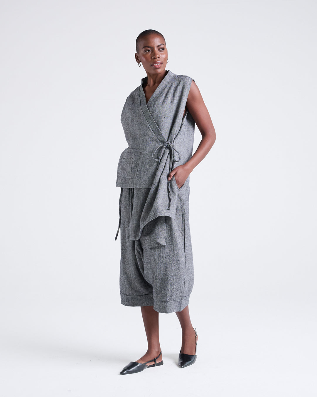 A touch of zen-Designer Asymmetric Vest in a Textured Cotton-Linen Blend