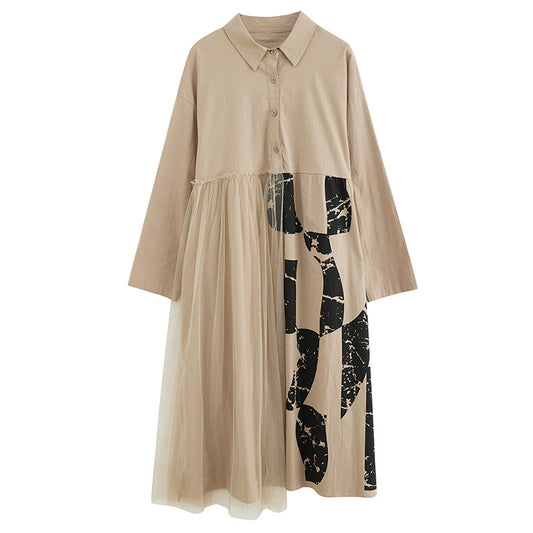Mesh Patchworks Graphics Print Long Sleeves Dress
