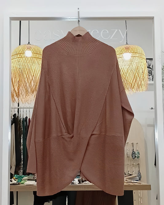 Wool-Cashmere Blend Mock-Neck Jersey with Cross-Over Draped Hem