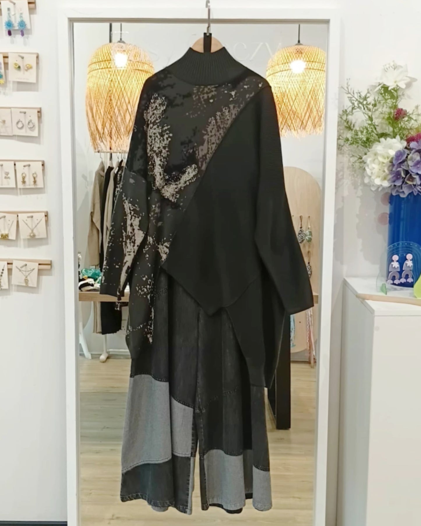 Wool-Cashmere Blend Artistic Jacquard Patchwork Mock-Neck Jersey