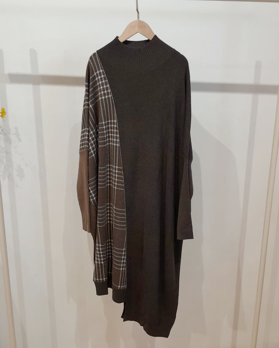 Wool-Cashmere Blend Plaid Knit Patchwork Sweater Dress