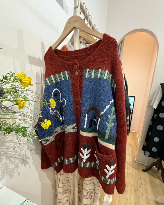 Hand-Embroidered Cardigan with House and Floral
