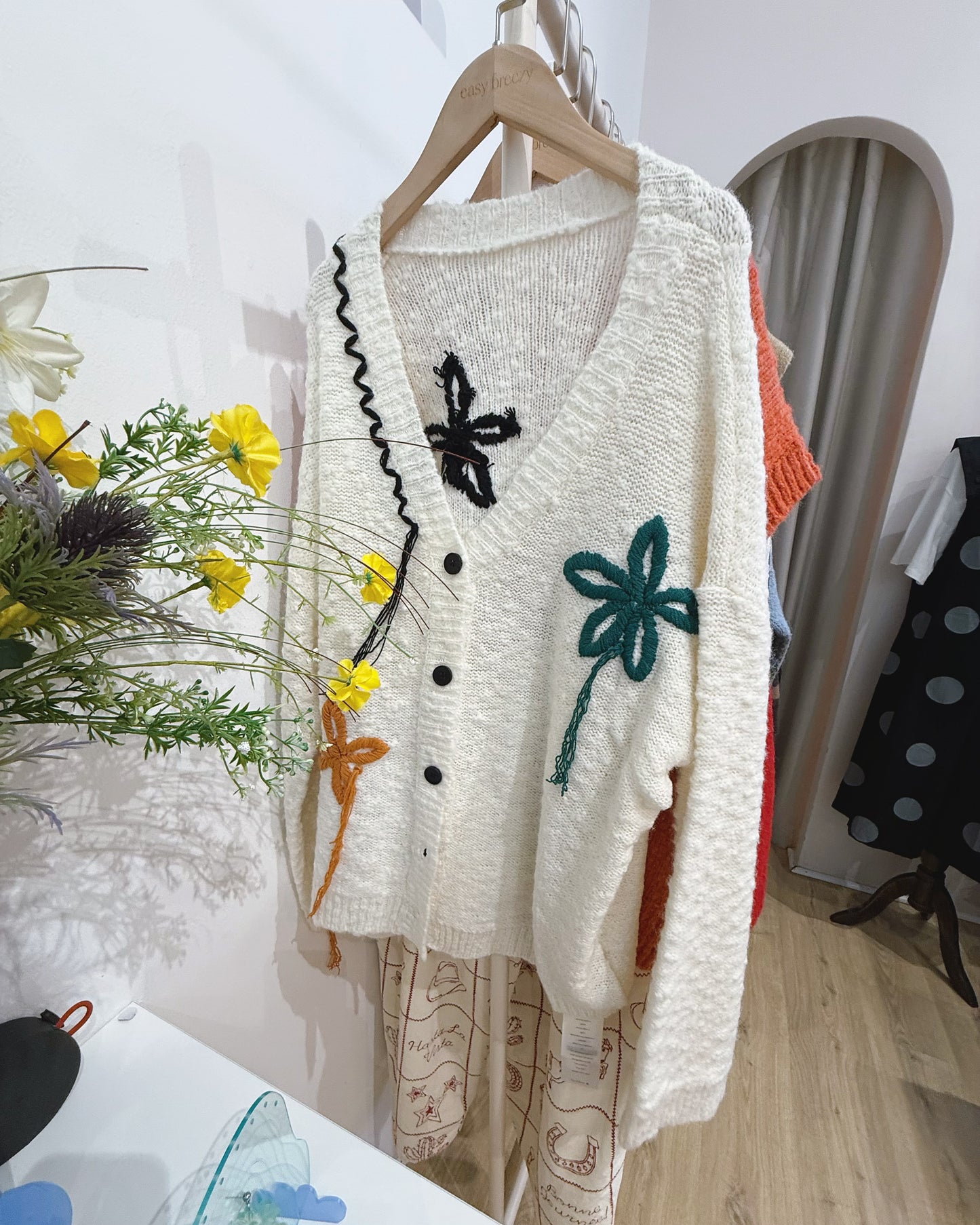 Hand-Embroidered Floral V-Neck Cardigan