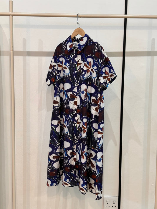 Blue Graffiti Floral Print Loose-Fit Dress