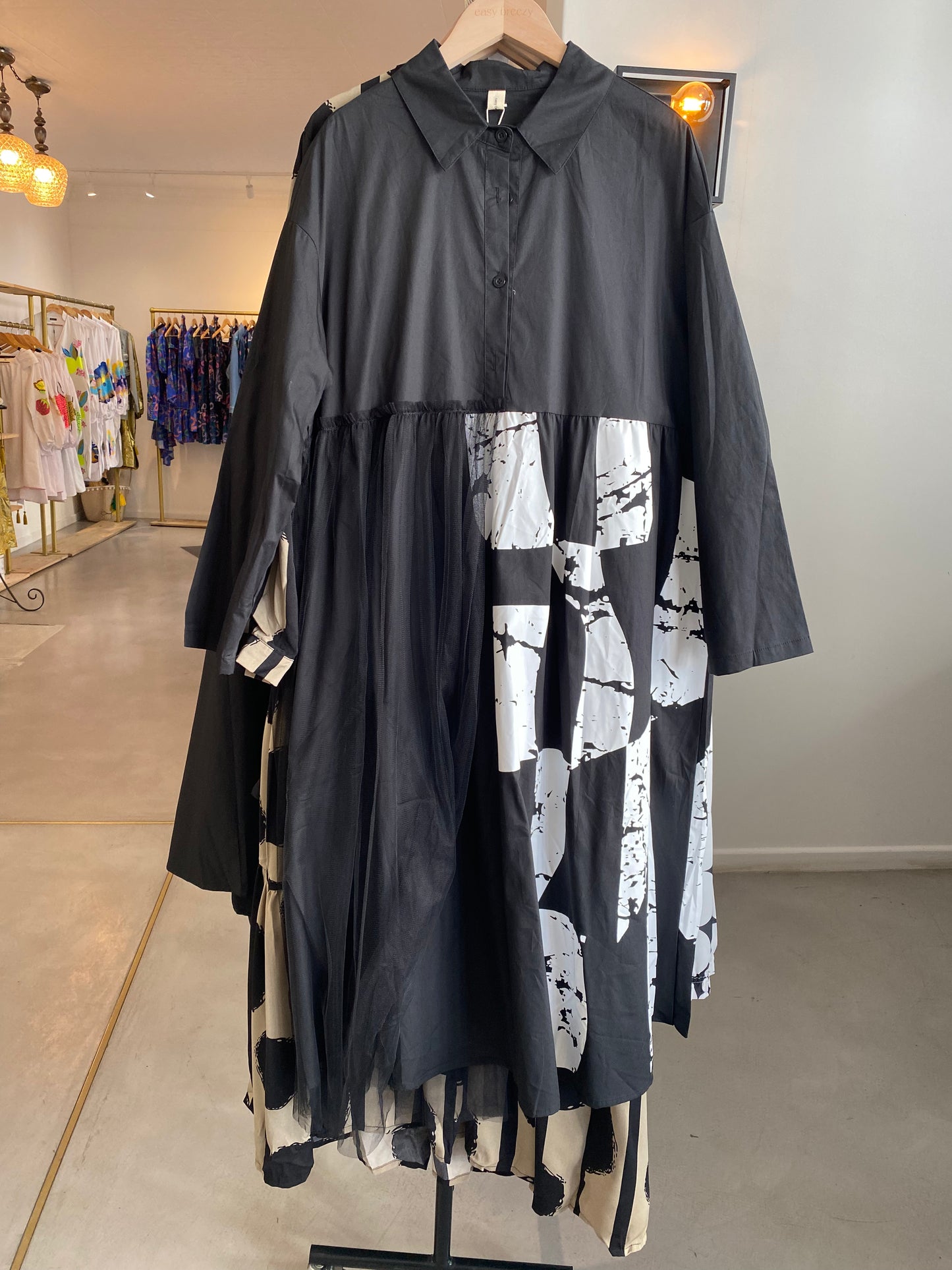 Mesh Patchworks Graphics Print Long Sleeves Dress