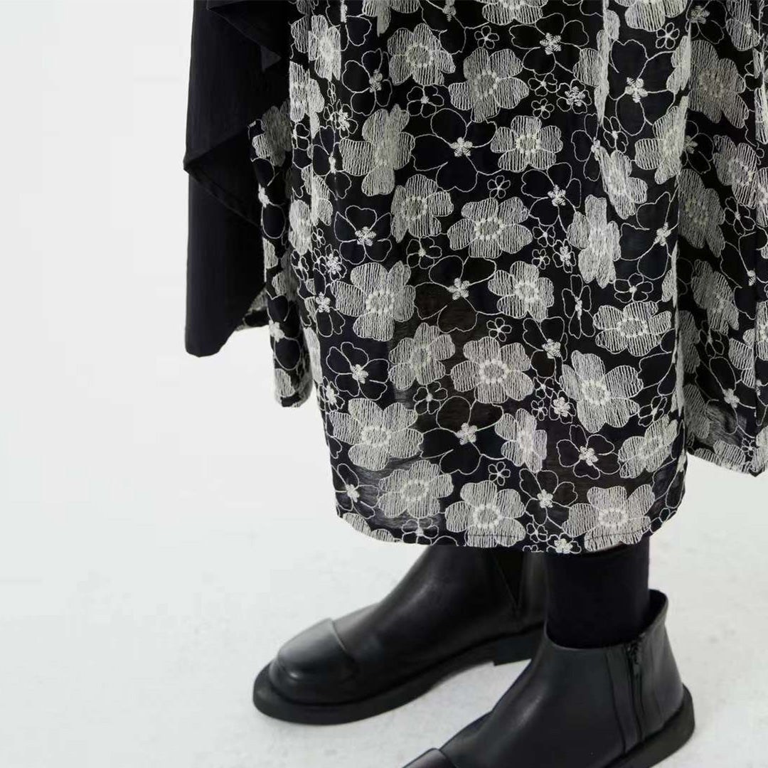 Flower embroidery Asymmetric Faux Two-Piece Loose Fit Cotton Dress