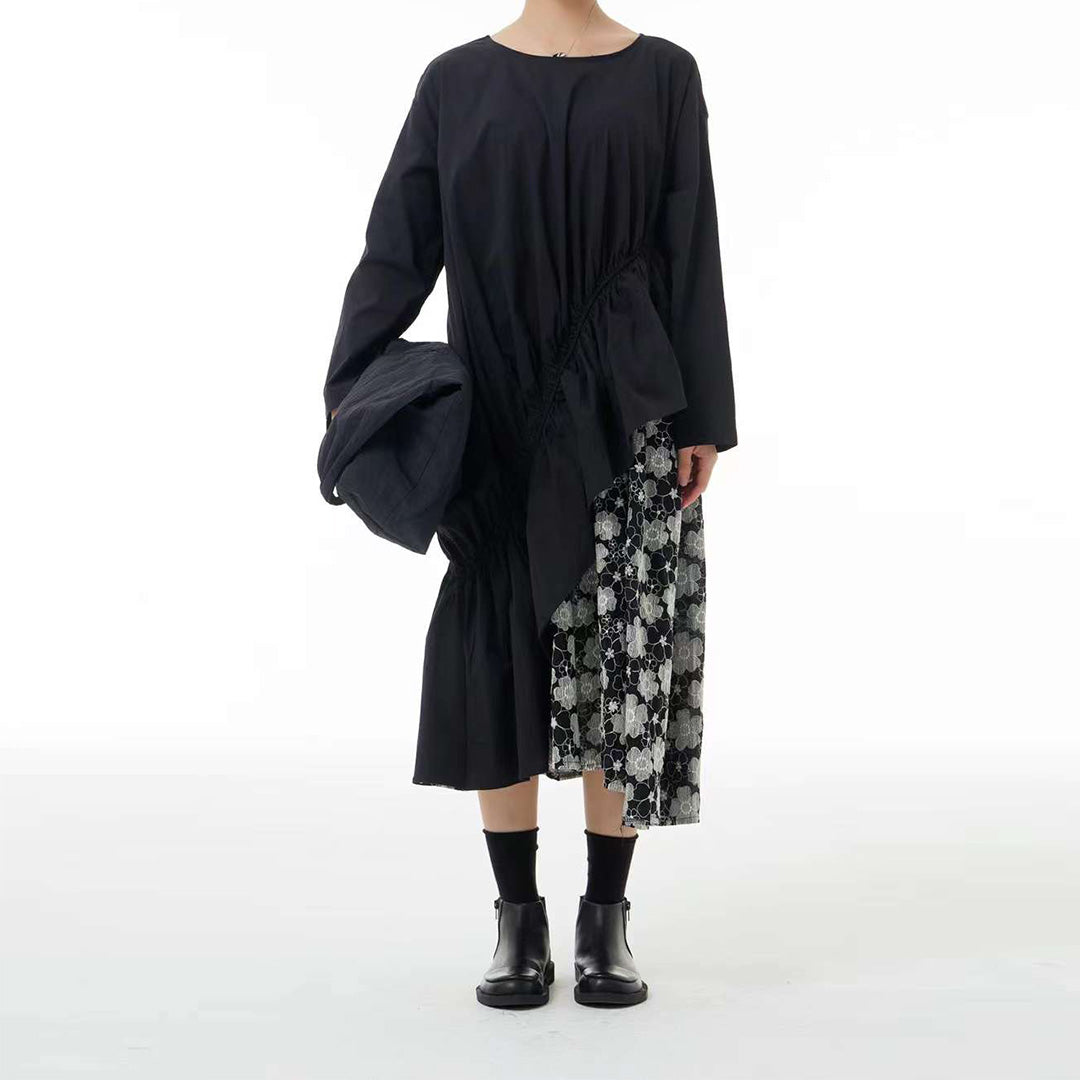 Flower embroidery Asymmetric Faux Two-Piece Loose Fit Cotton Dress