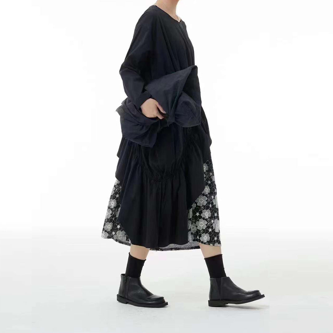 Flower embroidery Asymmetric Faux Two-Piece Loose Fit Cotton Dress