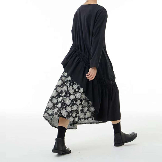 Flower embroidery Asymmetric Faux Two-Piece Loose Fit Cotton Dress