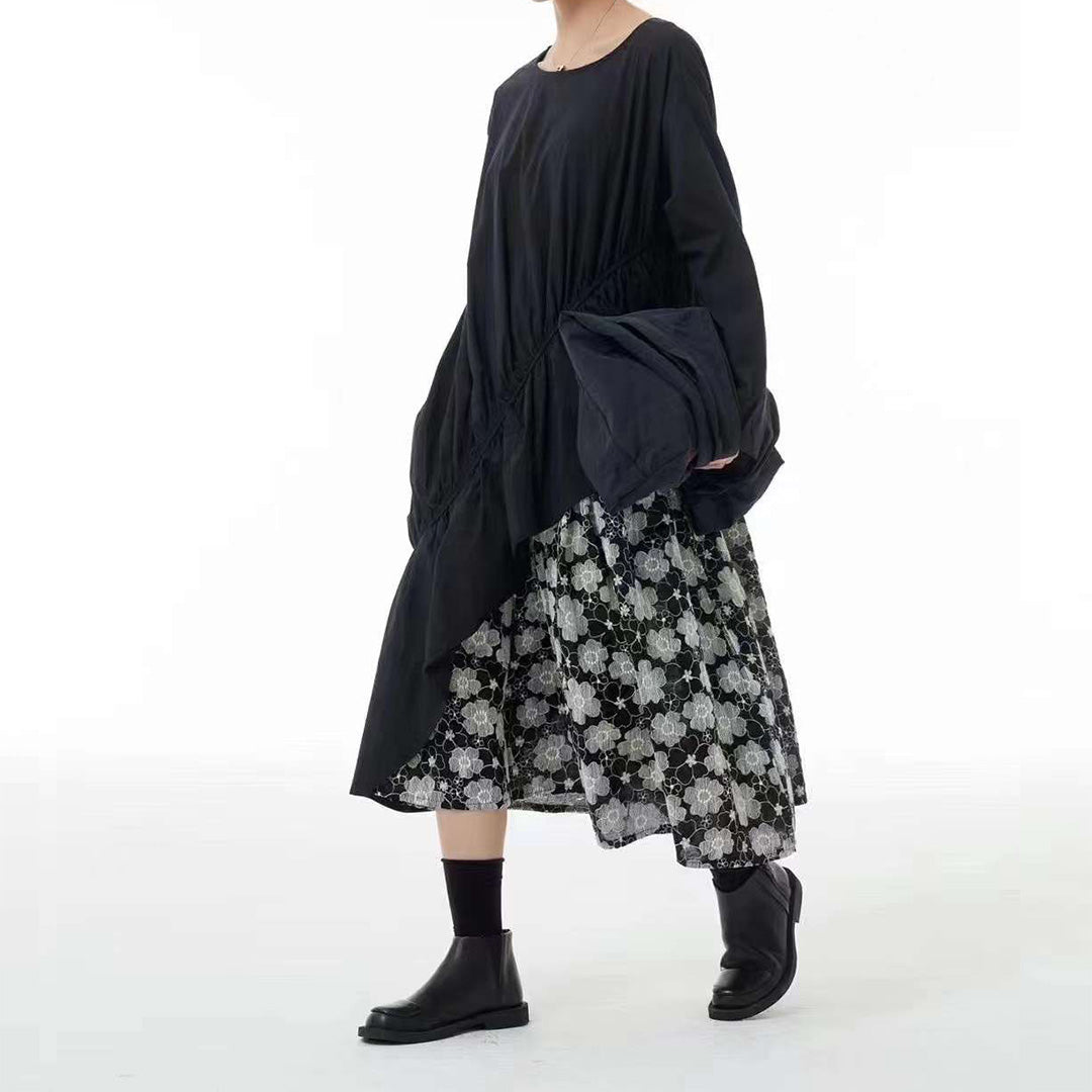 Flower embroidery Asymmetric Faux Two-Piece Loose Fit Cotton Dress
