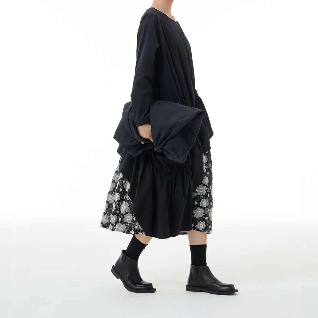 Flower embroidery Asymmetric Faux Two-Piece Loose Fit Cotton Dress