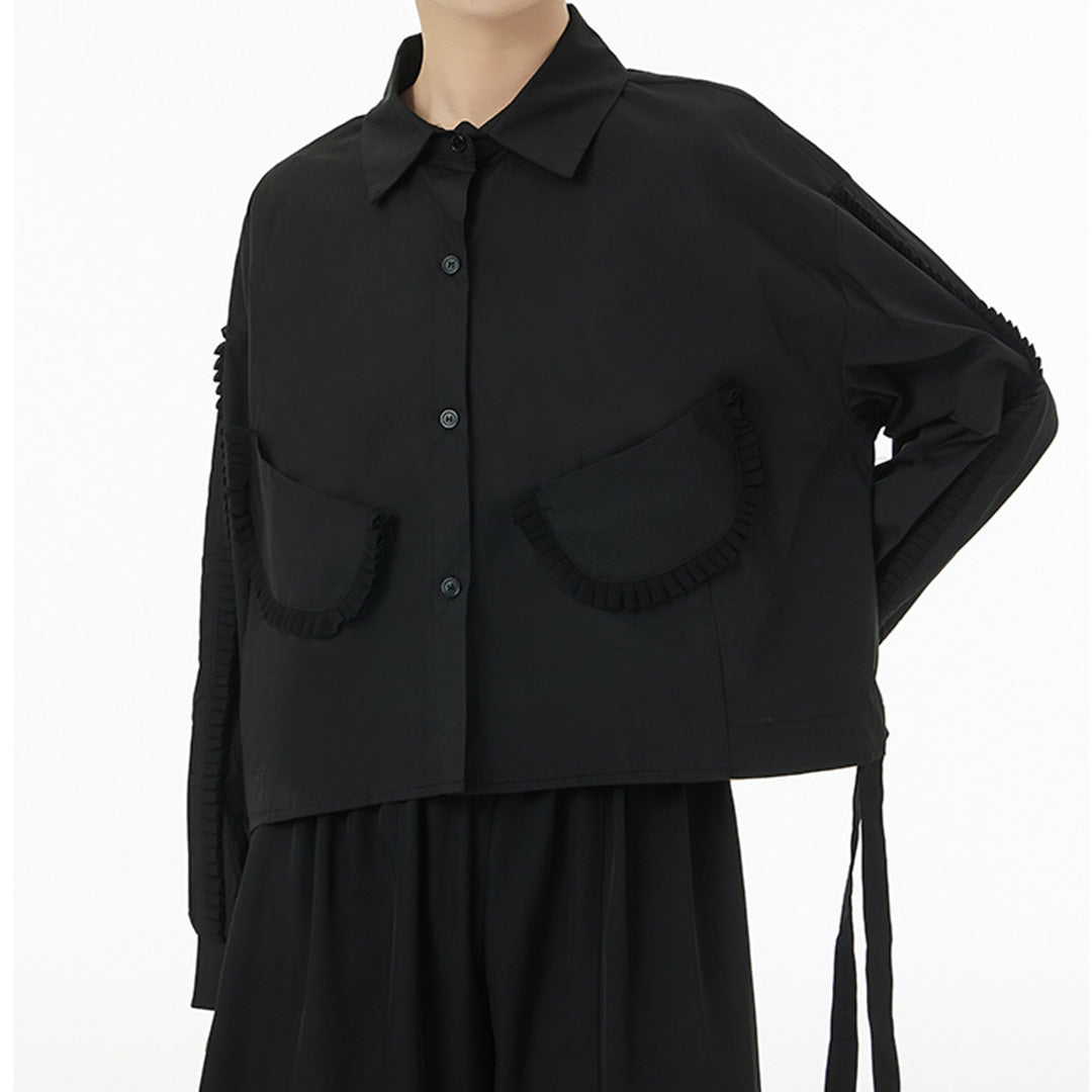 In Stock Ruffles Decorated Pockets Back Asymmetric Curvy Cutting Cotton Shirt Available in Black and White
