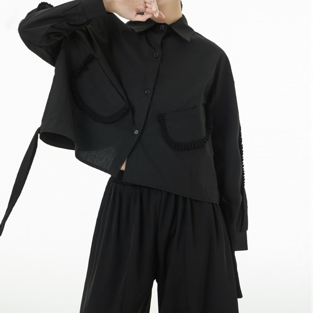 In Stock Ruffles Decorated Pockets Back Asymmetric Curvy Cutting Cotton Shirt Available in Black and White