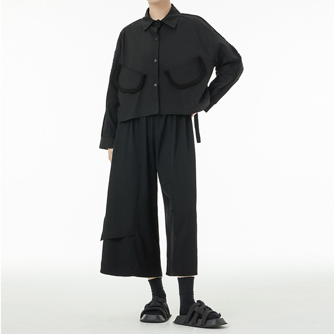 In Stock Ruffles Decorated Pockets Back Asymmetric Curvy Cutting Cotton Shirt Available in Black and White