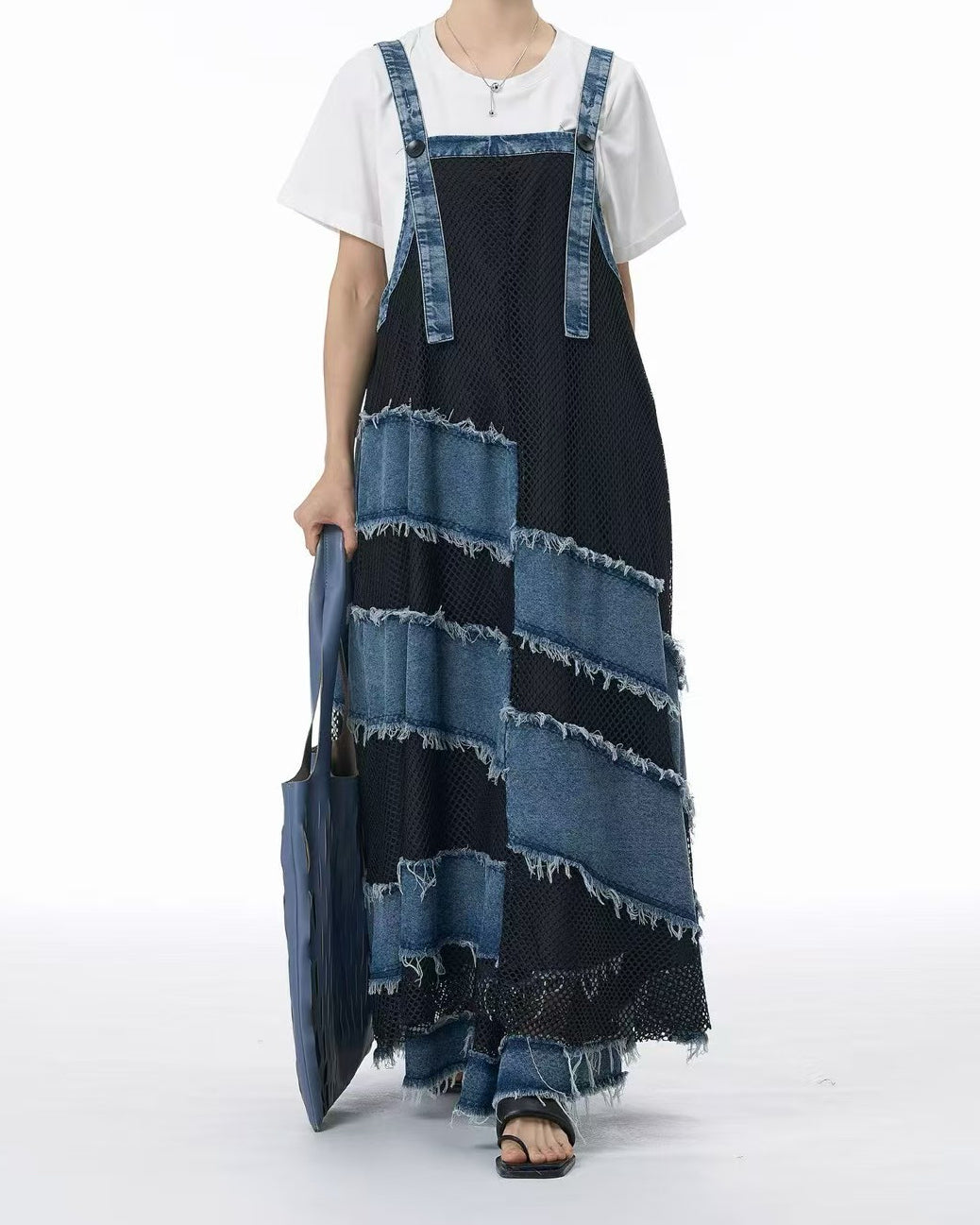 Artisanal Textured Denim Pinafore Dress with Mesh Panel Details