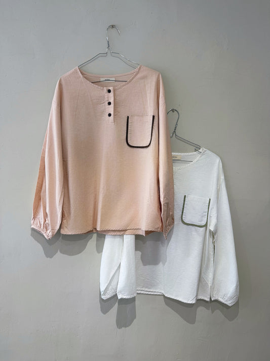 Minimal Cotton Linen Blend Contrast-Trim Pocket Top