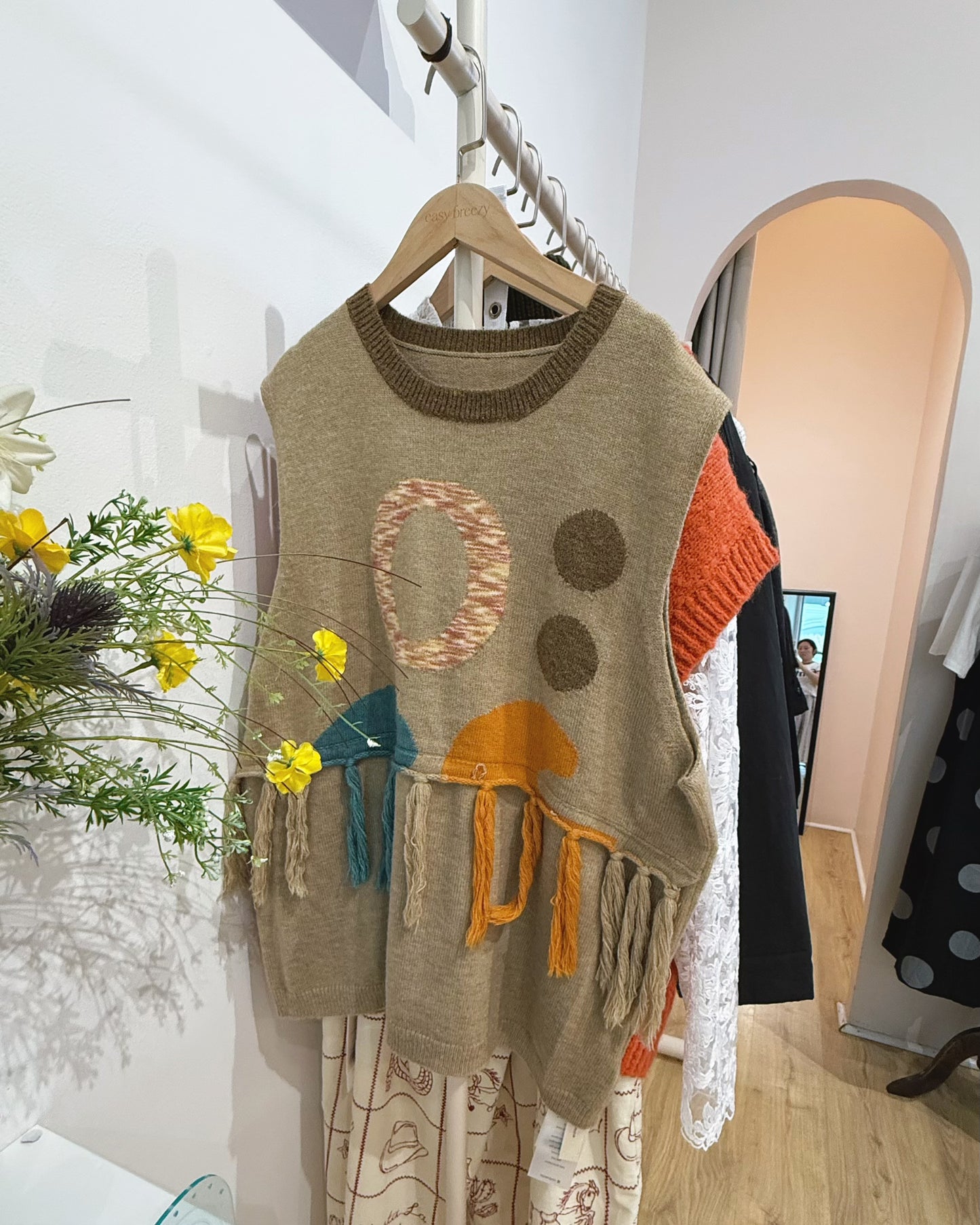 Graphic Color-Block Knit Vest with Fringe