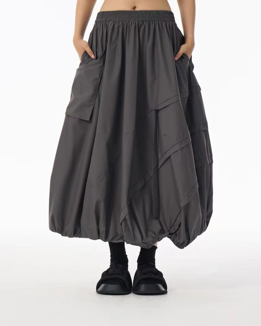 Grey Paneled Tulip Skirt with Patch Pocket Detail