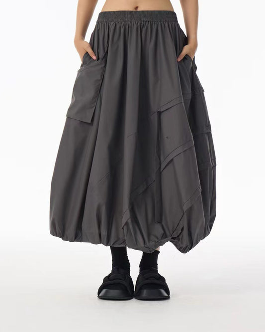 Grey Paneled Tulip Skirt with Patch Pocket Detail