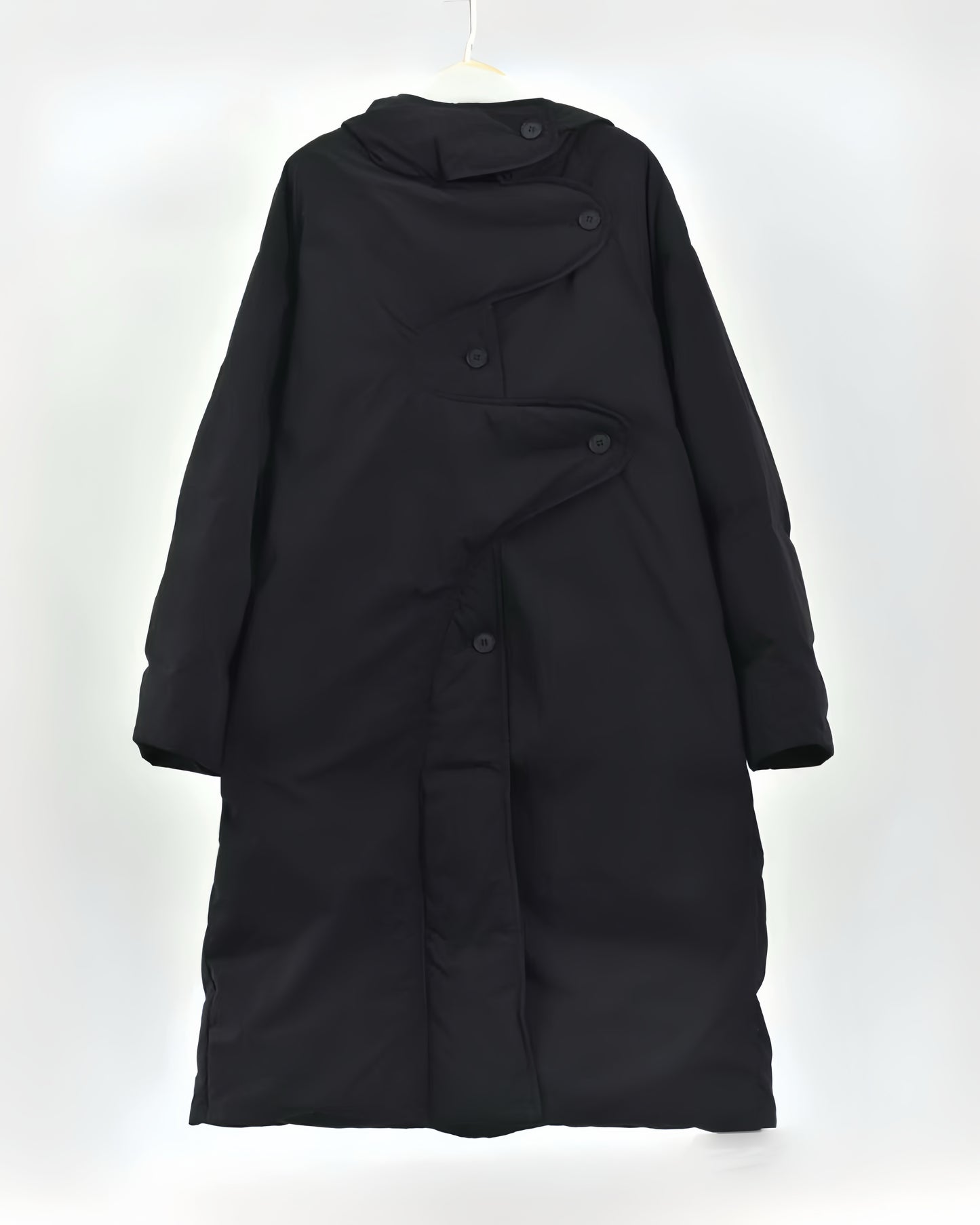 Curved Placket Long Hooded 90% White Duck Down Coat