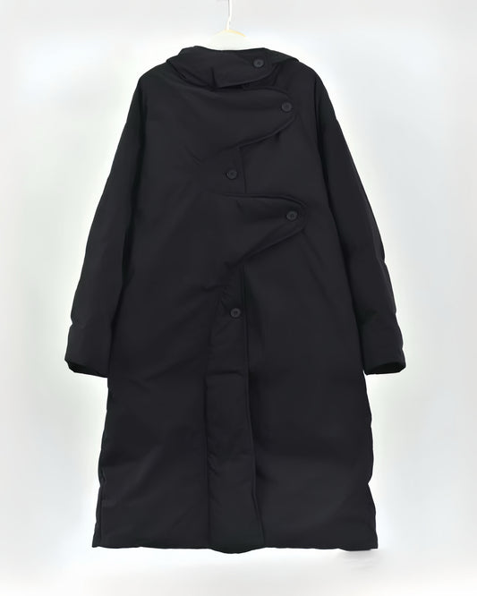 Curved Placket Long Hooded 90% White Duck Down Coat