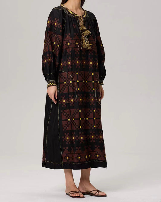 100% Linen Dress with Elaborately Embroidered