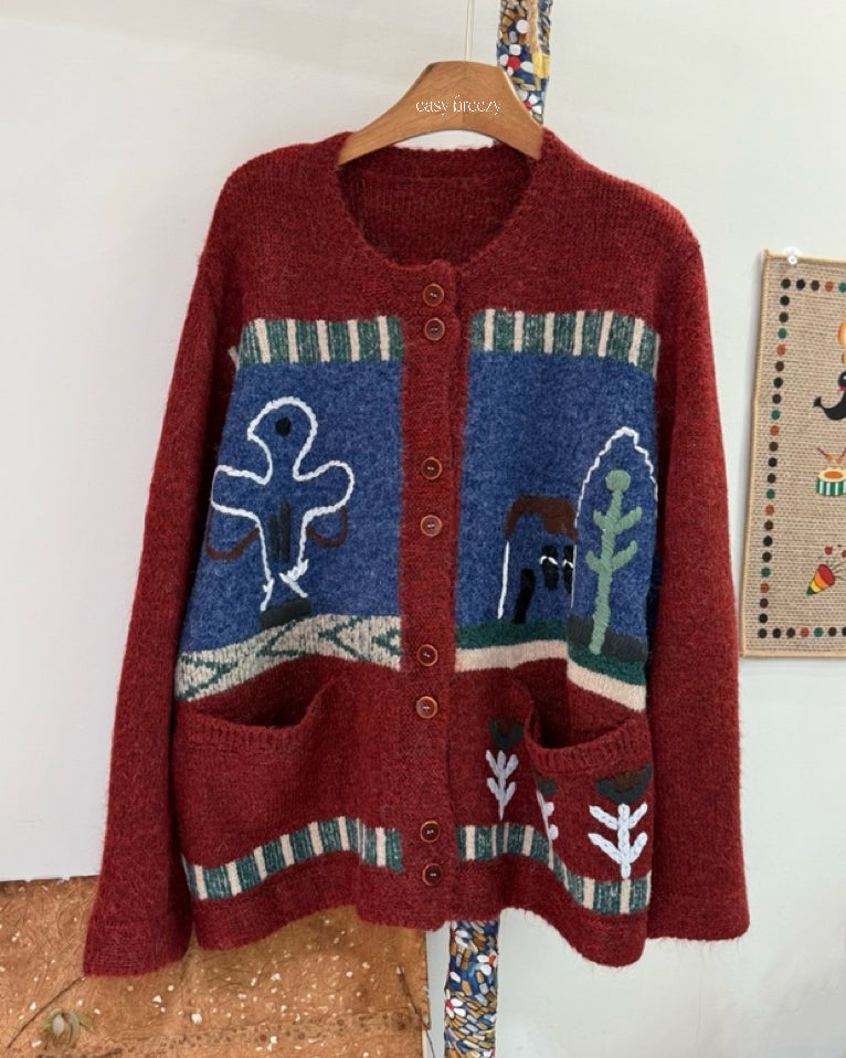 Hand-Embroidered Cardigan with House and Floral