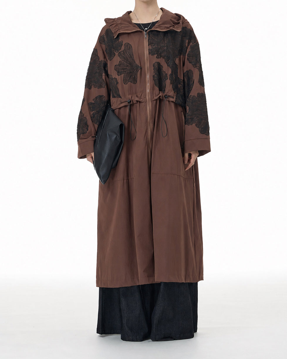 Hooded Jacket with Embroidered Lace Appliqué