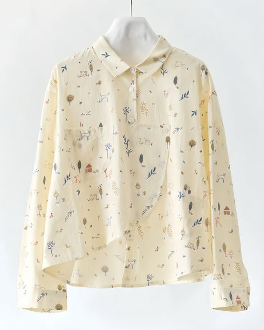 Pre-Order Dog Print Irregular Placket Long-Sleeve Shirt