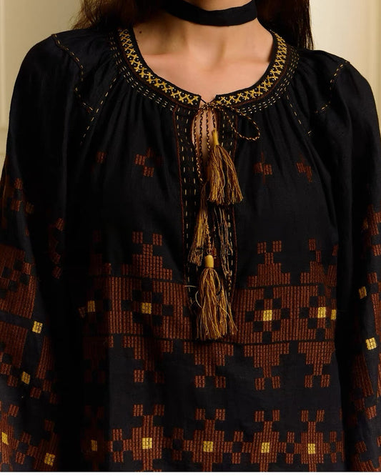 100% Linen Dress with Elaborately Embroidered