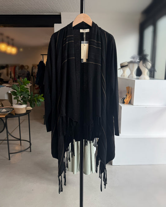 Wool-Cashmere Blend Striped Jacquard Fringe Hem Knit Cardigan